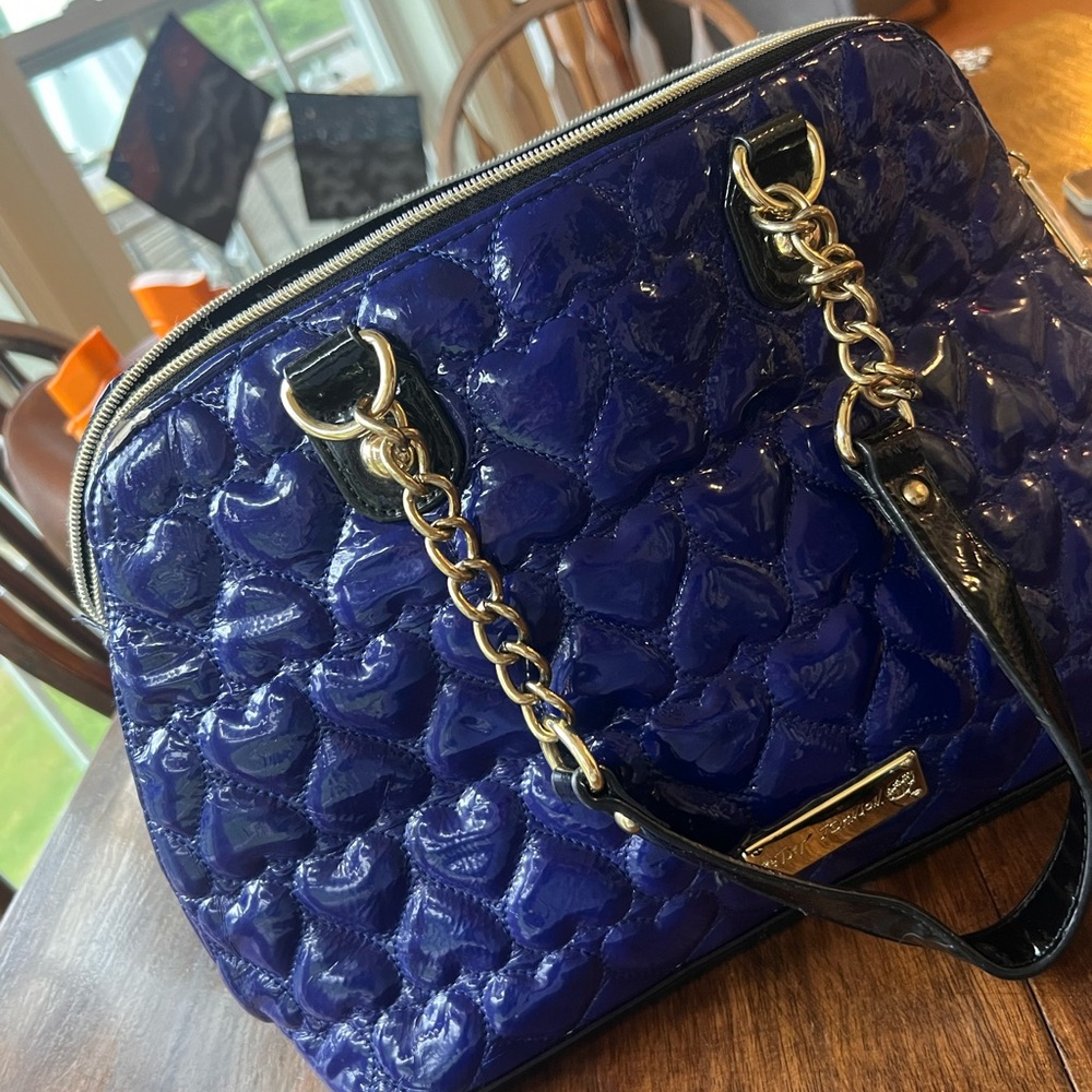 Betsey Johnson Blue and Gold Satchel with Structured Design